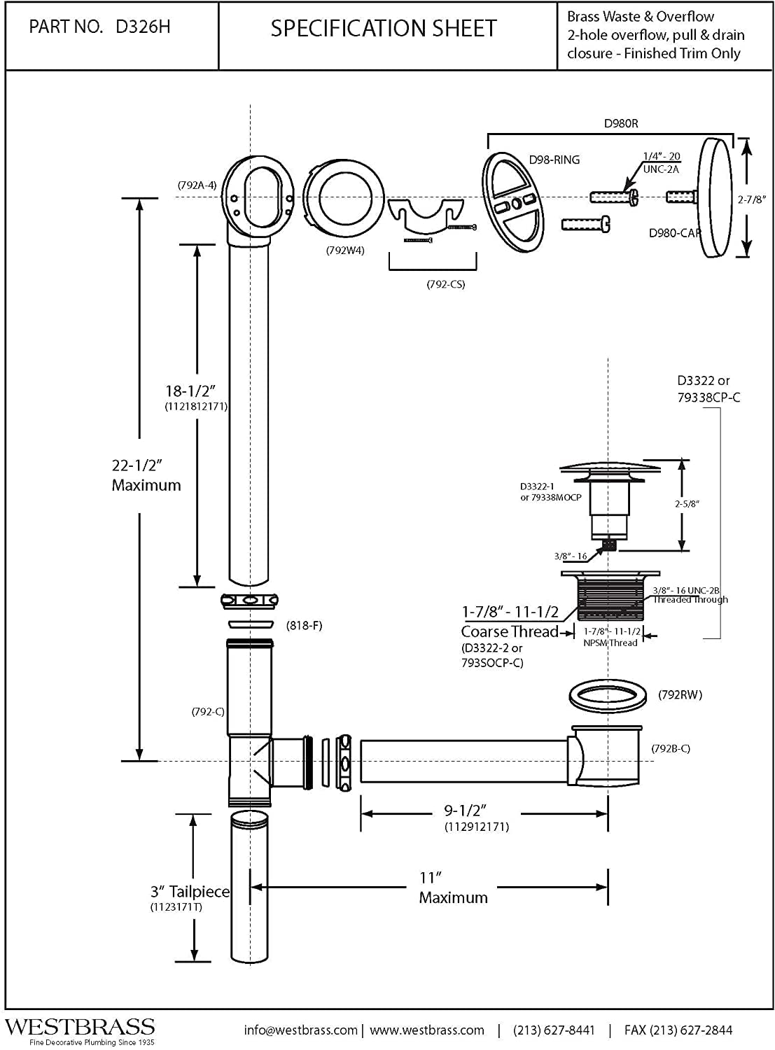 Westbrass D326H-62 22" 17 Ga. Brass Bath Waste & Overflow Assembly with Tip-Toe Drain Plug and Illusionary Faceplate, Matte Black