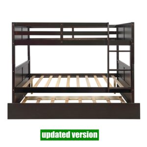 AOOMEEC Higher Quality and Stronger Solid Wood Bunk Bed Full Over Full with Trundle for Kids Teens Boys Girls Adults, Thicken More Stable Full Over Full Bunk Bed Frame, Easier to Assemble (Espresso)