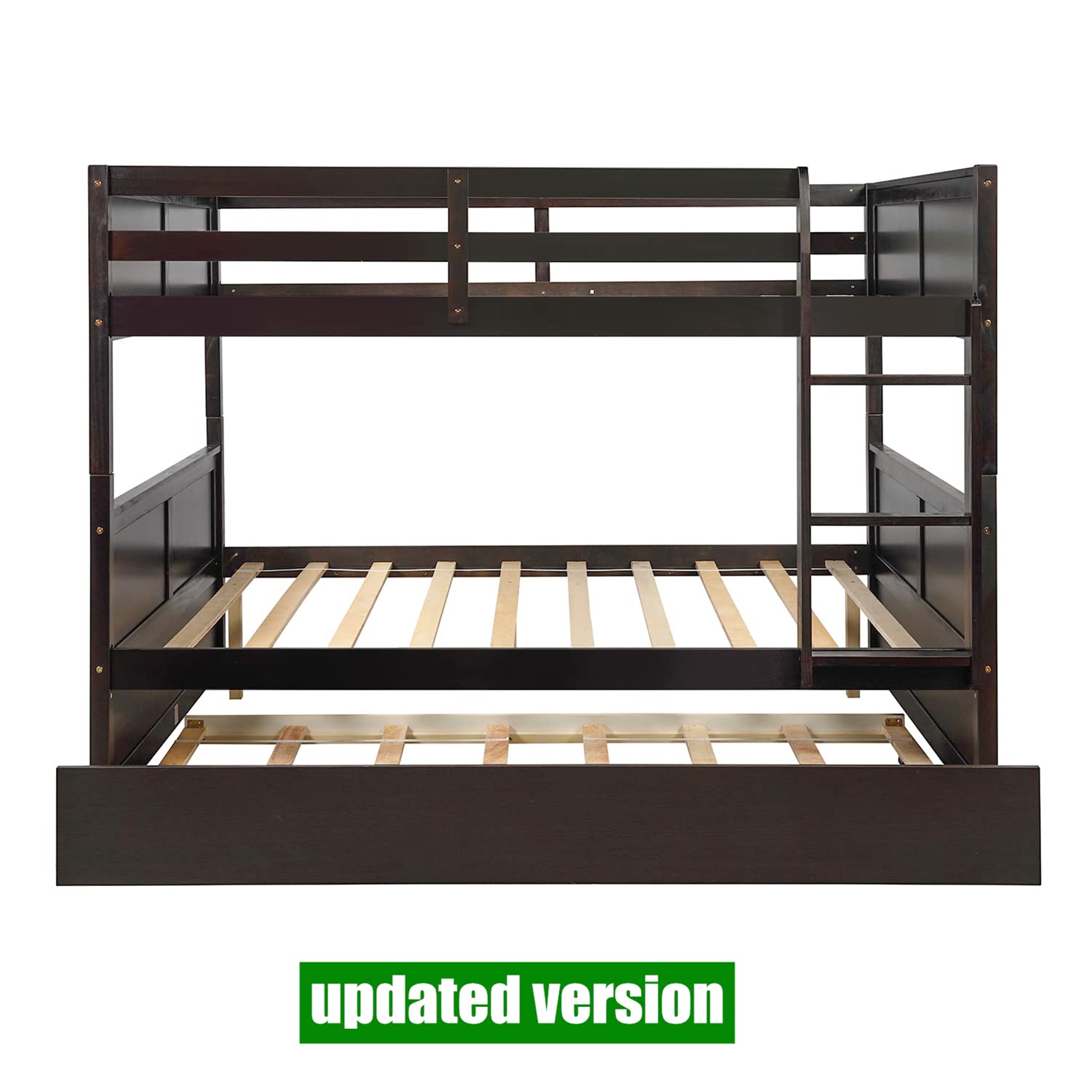 AOOMEEC Higher Quality and Stronger Solid Wood Bunk Bed Full Over Full with Trundle for Kids Teens Boys Girls Adults, Thicken More Stable Full Over Full Bunk Bed Frame, Easier to Assemble (Espresso)