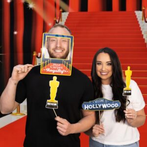 Hollywood Photo Booth Props - 41-pc Photobooth Kit with 8 x 10-Inch Sign, 60 Adhesive Pads, 45 Sticks - Movie Night Supplies - Hollywood Party Decorations