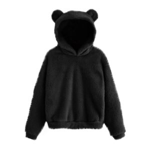 kaniem women's cute teddy bear fleece hoodie sweatshirt coat warm bear shape teen fuzzy long sleeve sweater pullover(black,m)