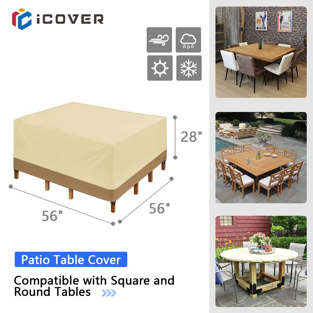 iCOVER Patio Furniture Cover, 56"x56" Square/Round Patio Table Cover, Easy On/Off, Waterproof Dustproof Cover for Outdoor Dining Table Set, Sectional Sofa Set, SAND