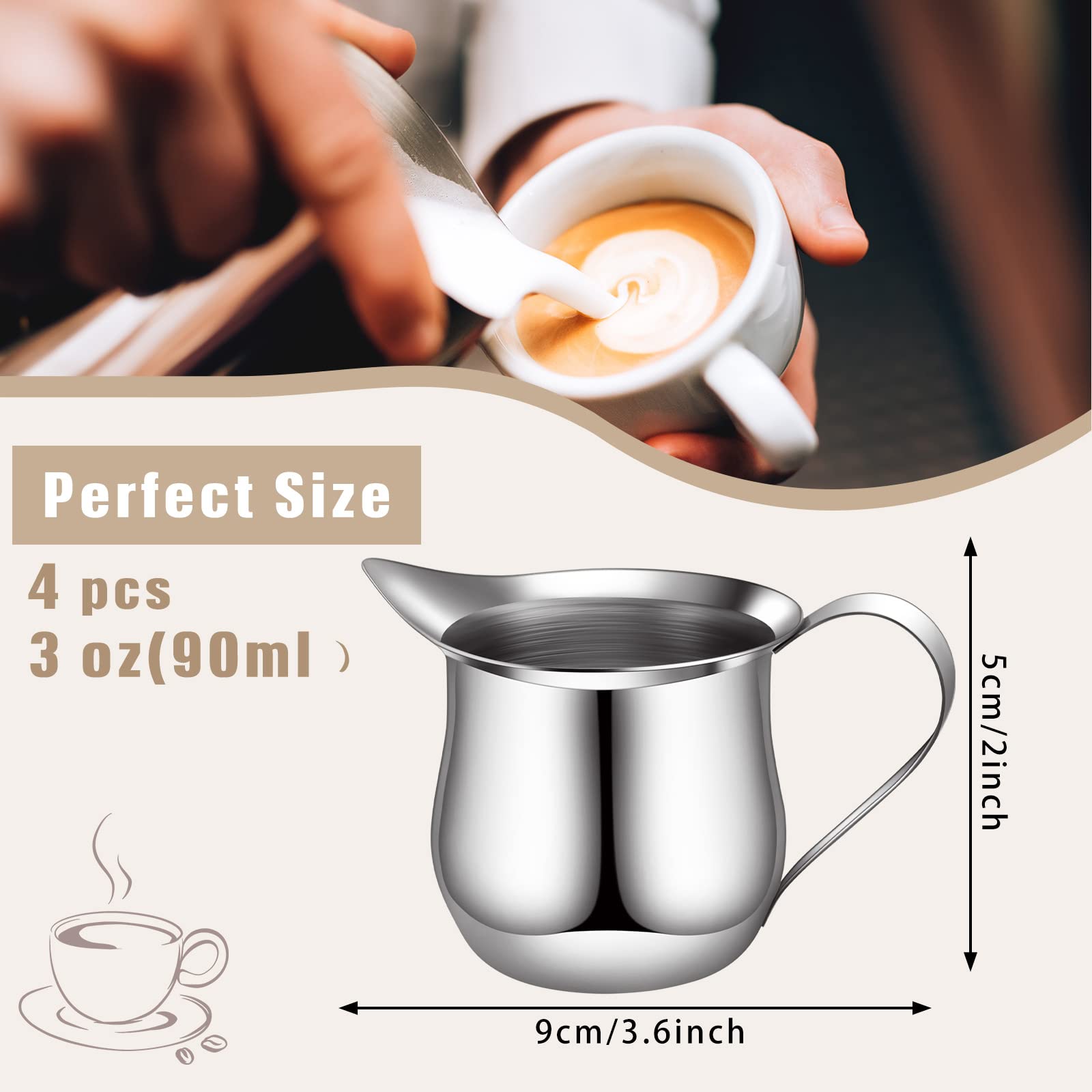 4 Pieces Creamer Pitcher Bell Shaped Creamer 3 Ounce Espresso Pouring Cup Stainless Steel Creamer Pitcher Mirror Finish Mini Stainless Steel Pitcher for Coffee Shop Restaurant Bakery Kitchen