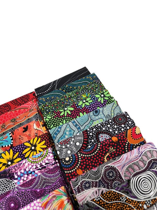 Fields 10 Fat Quarters - Assorted Australian Aboriginal M&S Textiles Nambooka Kangaroos Aborigine Indigenous Outback Bush Camp Goanna Waterhole Quality Quilters Cotton Fabric Bundle M491.15