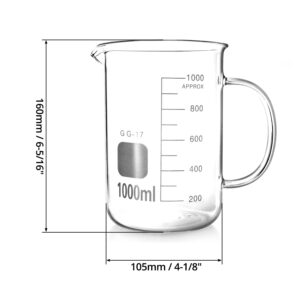 QWORK Beaker with Handle, 1000ml/33.81oz, Measuring Cup, Borosilicate Glass, Beaker Mug with Pouring Spout, 2 Pack