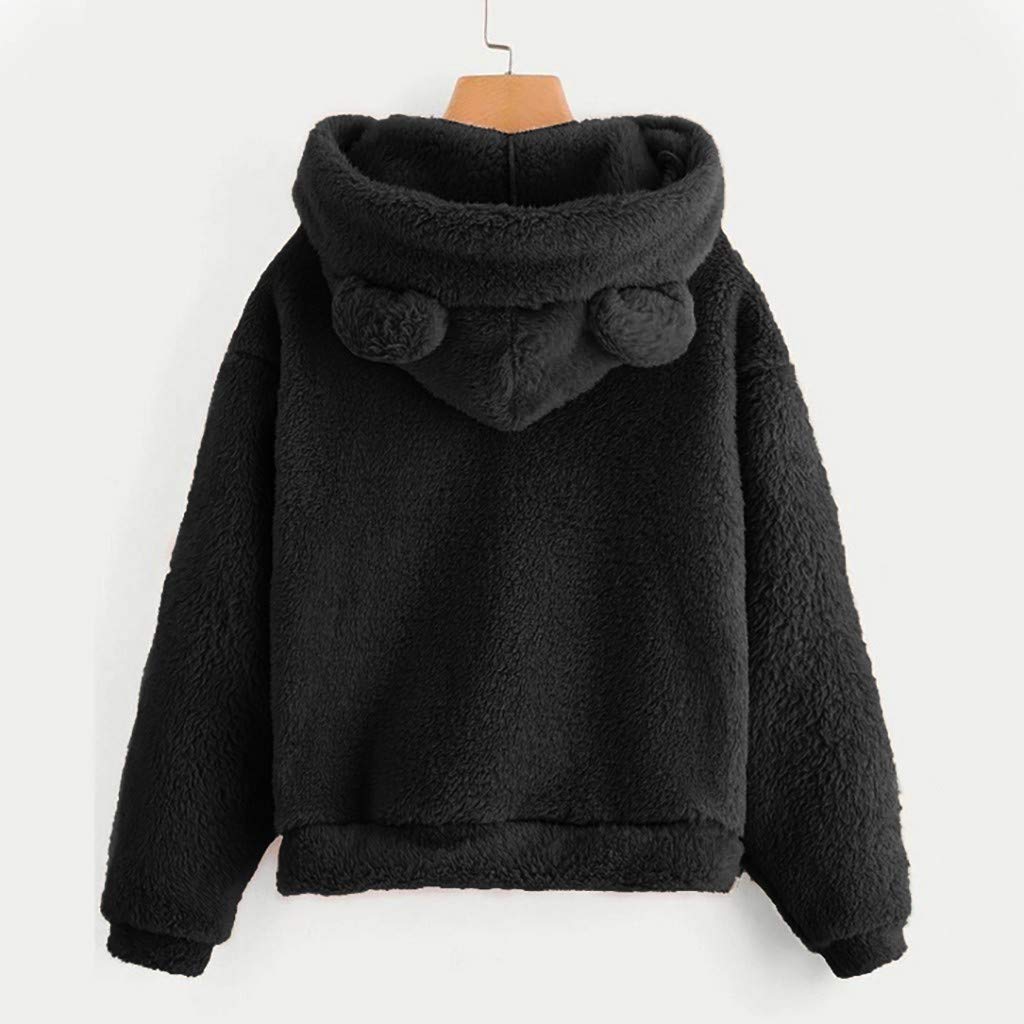 Kaniem Women's Cute Teddy Bear Fleece Hoodie Sweatshirt Coat Warm Bear Shape Teen Fuzzy Long Sleeve Sweater Pullover(Black,M)