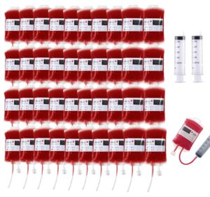 40 packs halloween decorations blood bags for drink, reusable drink cups containers with syringe and clips pouch prop for doctor nursing/rn graduation zombie vampire party supplies