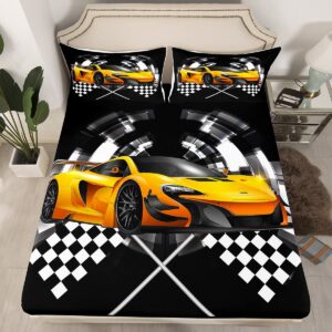 manfei yellow race car fitted sheet twin size, black and white grid bed cover, extreme sport games bedding set 2pcs for kids teens boys man room decor,soft fashion bed sheets with 1 pillowcase