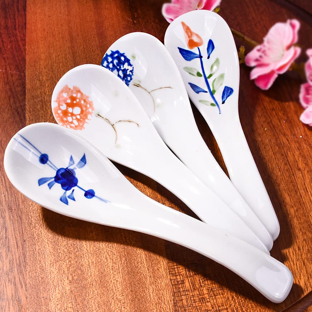 Japanese Ceramic Soup Spoons, 4 Pieces Porcelain Spoon for Noodle Ramen Oat