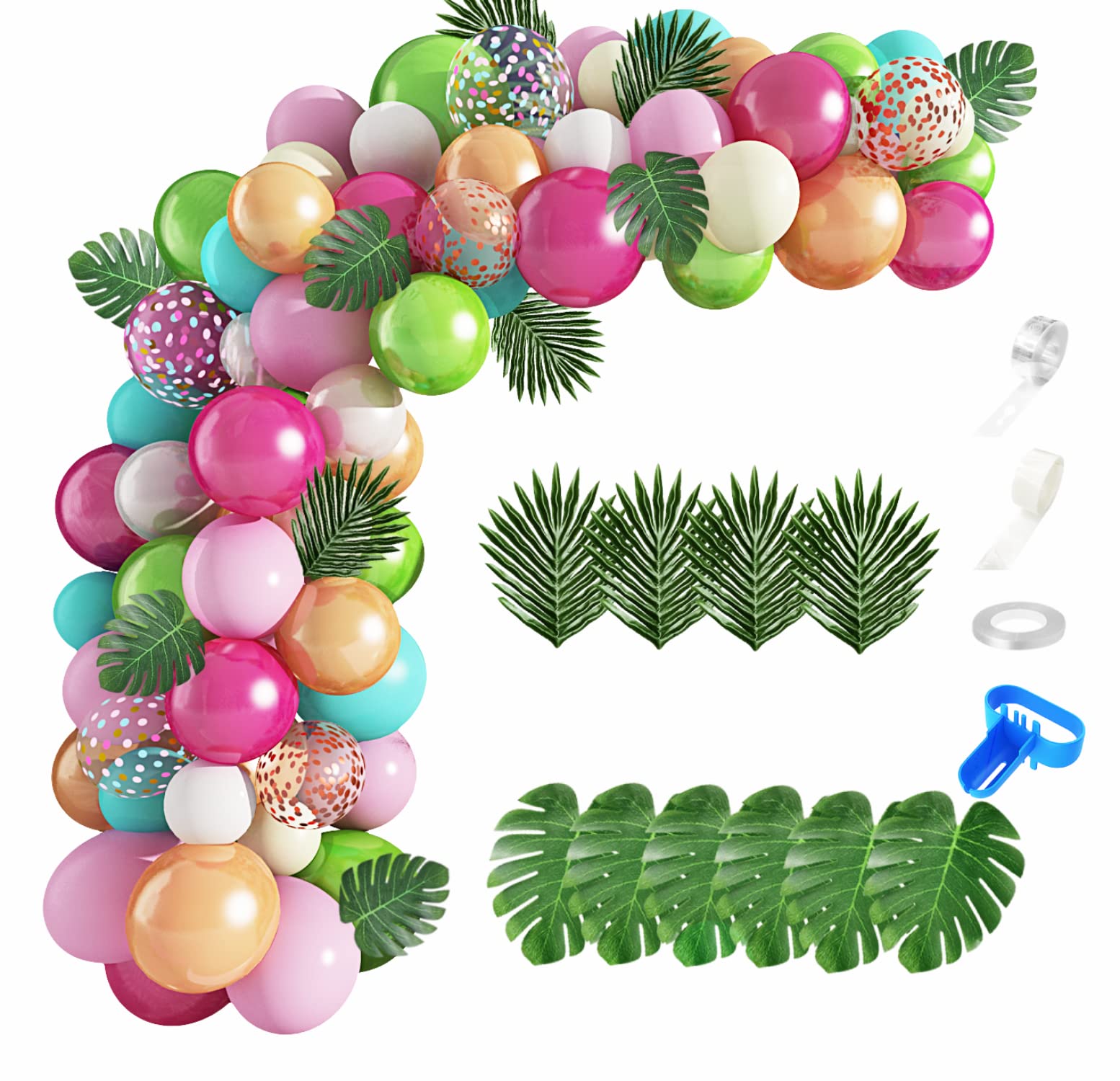 124Pcs Tropical Balloons Arch Garland Kit, Green Hot Pink Rose Gold Confetti Balloons Palm Leaves for Tropical Hawaiian Aloha Luau Flamingo Birthday Party Baby Shower Wedding Decorations