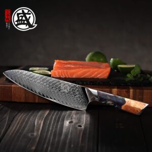 MITSUMOTO SAKARI 8.5 inch Japanese Damascus Chef Knife, Professional Hand-Forged VG-10 Damascus Santoku Knife, Ultra Sharp Meat Sushi Cleaver Kitchen Knife (Nanmu Knife Handle & Sandalwood Box)