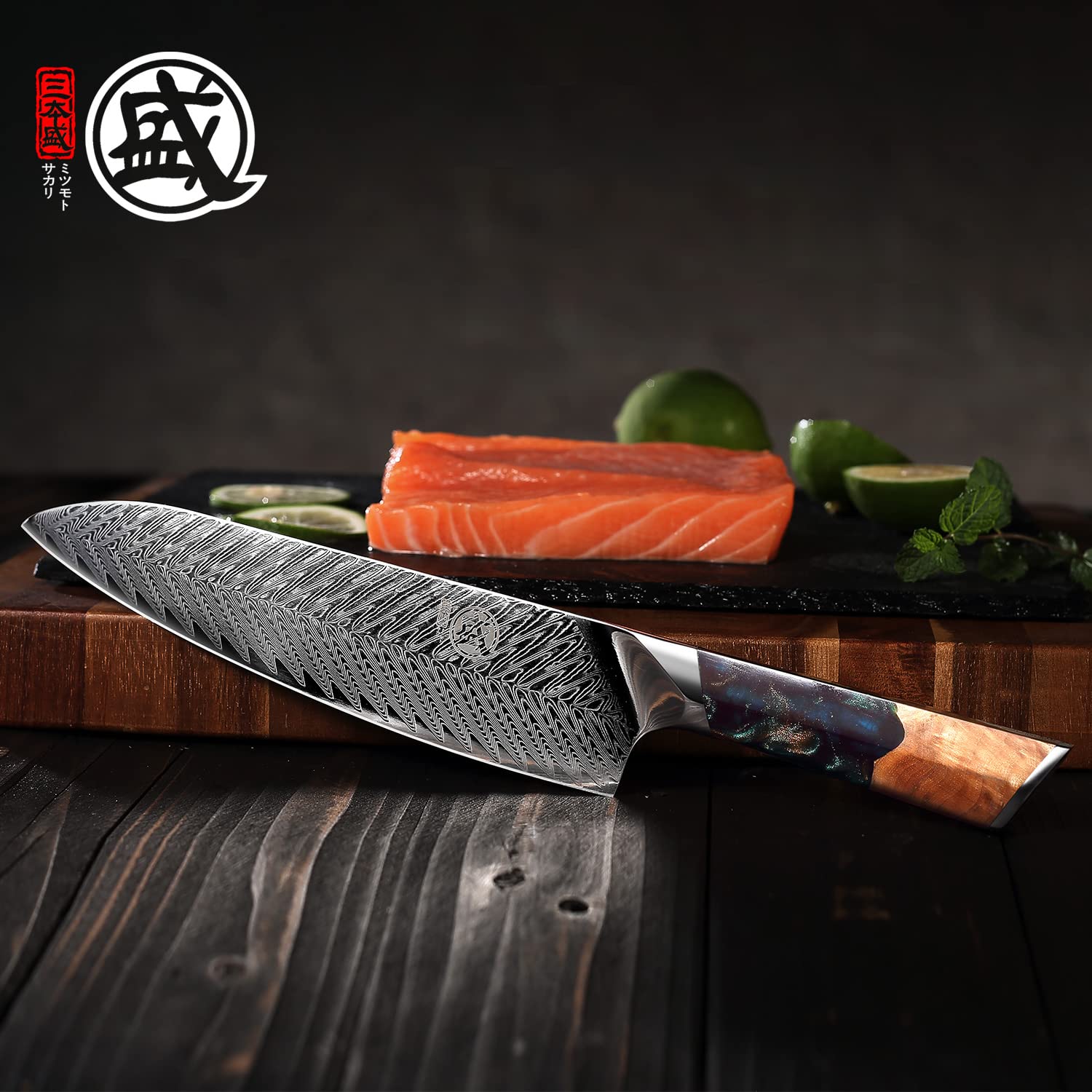 MITSUMOTO SAKARI 8.5 inch Japanese Damascus Chef Knife, Professional Hand-Forged VG-10 Damascus Santoku Knife, Ultra Sharp Meat Sushi Cleaver Kitchen Knife (Nanmu Knife Handle & Sandalwood Box)