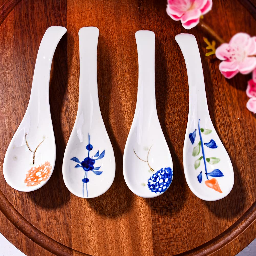 Japanese Ceramic Soup Spoons, 4 Pieces Porcelain Spoon for Noodle Ramen Oat