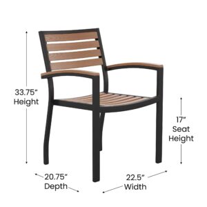 Flash Furniture Stackable Aluminum Patio Chair - All-Weather Black Framed Side Chair with Faux Teak Slats - Commercial Grade - Set of 2