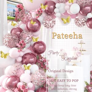 Pateeha Baby Shower Decorations for Girl 140 Pcs Pink Balloon Garland Pink White Balloon Arch Kit Butterfly Stickers Rose Gold Confetti Balloons for Bridal Shower Coquette Birthday Decorations