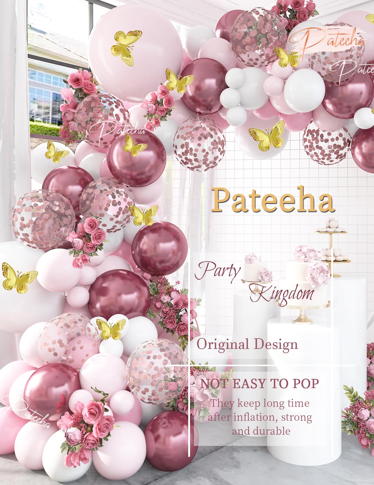 Pateeha Baby Shower Decorations for Girl 140 Pcs Pink Balloon Garland Pink White Balloon Arch Kit Butterfly Stickers Rose Gold Confetti Balloons for Bridal Shower Coquette Birthday Decorations