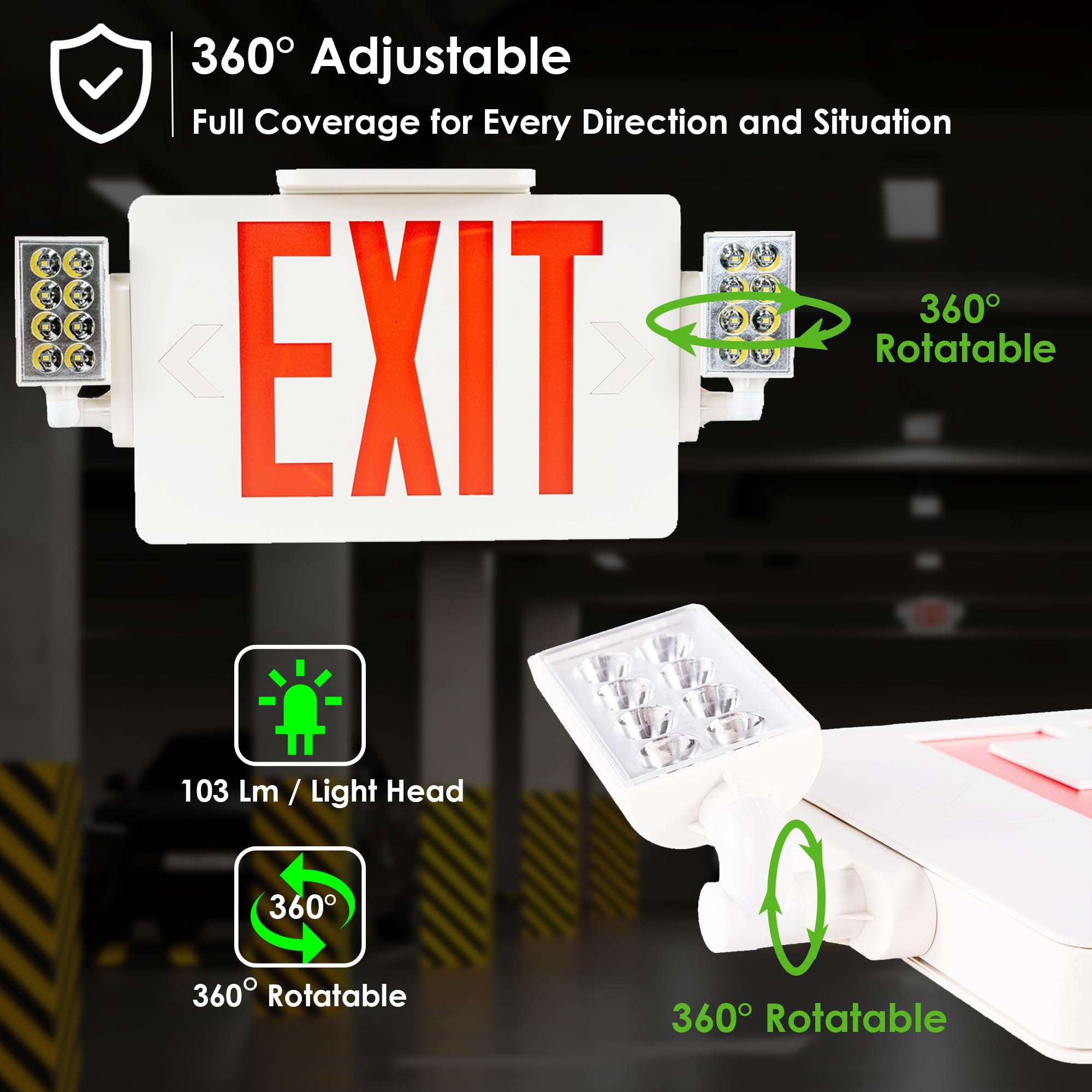 Gruenlich LED Combo Exit Sign, Emergency Light with 2 Adjustable Heads and Double Face, Back Up Batteries- US Standard Red Letter EXIT, UL 924 Qualified, 120-277 Voltage, 1-Pack