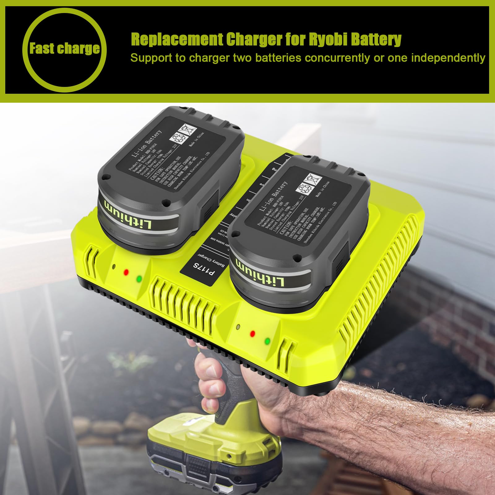 P117 Dual Slot 18V Battery Charger for Ryobi 18V Battery, Charger Replace for Ryobi Battery Charger P118, Compatible for Ryobi ONE+ Lithium NiCd NiMh Batteries