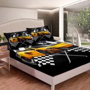 Manfei Yellow Race Car Fitted Sheet Twin Size, Black and White Grid Bed Cover, Extreme Sport Games Bedding Set 2pcs for Kids Teens Boys Man Room Decor,Soft Fashion Bed Sheets with 1 Pillowcase