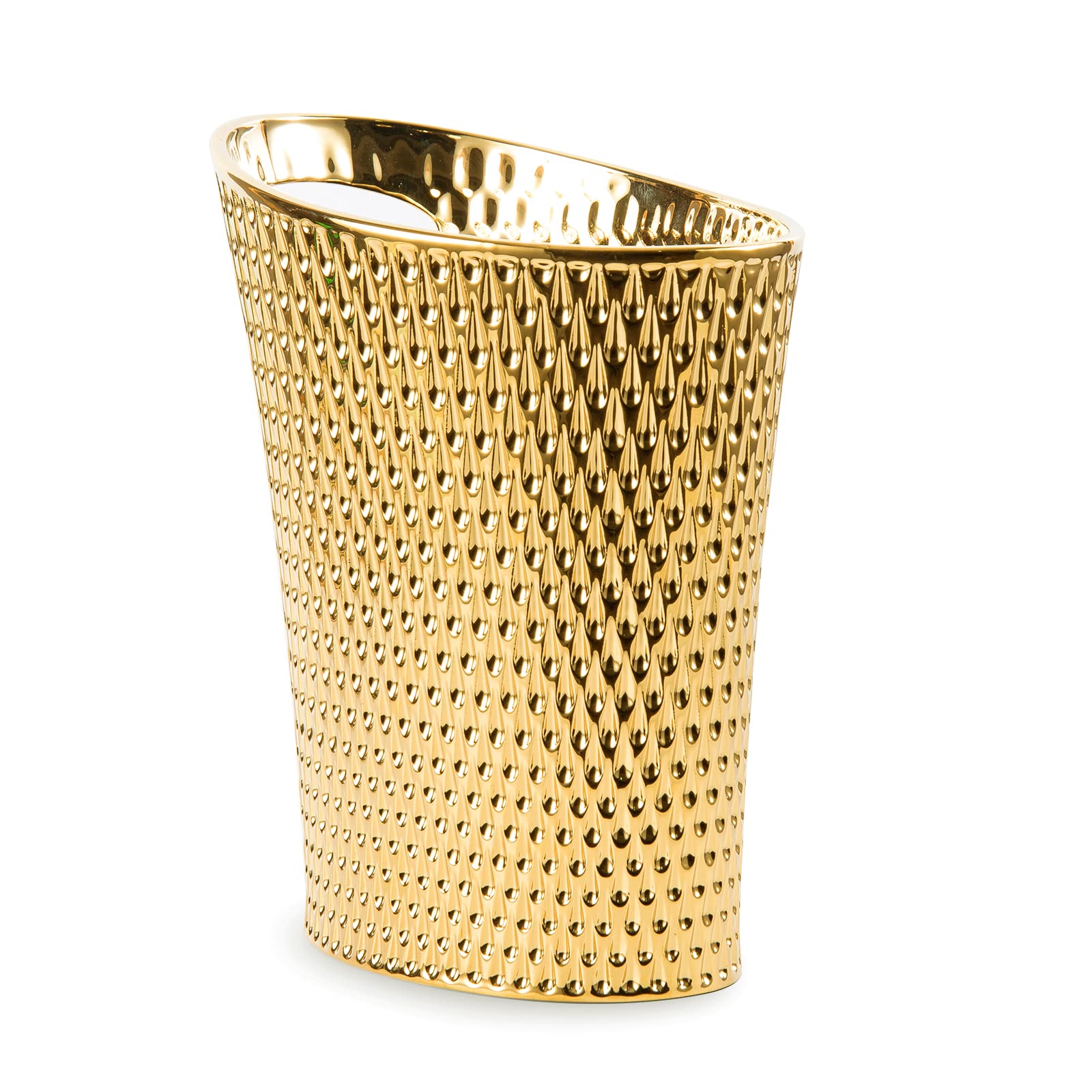 BASDHE Mini Desktop Trash Can, 1.5L Capacity, Gold Color, Ceramic Material, Inclined Opening Design, Fits Small Spaces