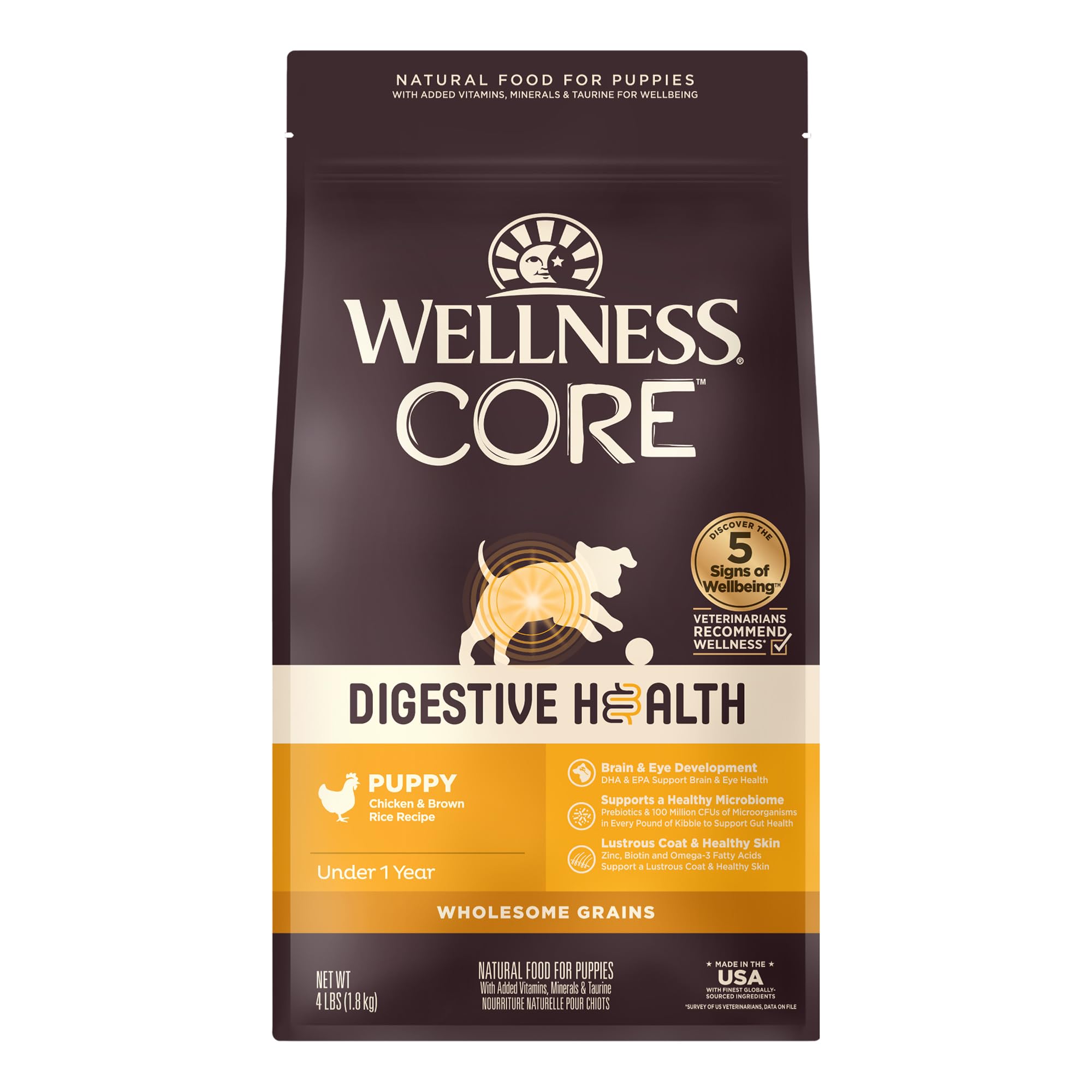 Wellness CORE Digestive Health Dry Puppy Food with Wholesome Grains, Highly Digestible, for Dogs with Sensitive Stomachs, Made in USA with Real Chicken (Puppy Under 1 Year, 4-Pound Bag)