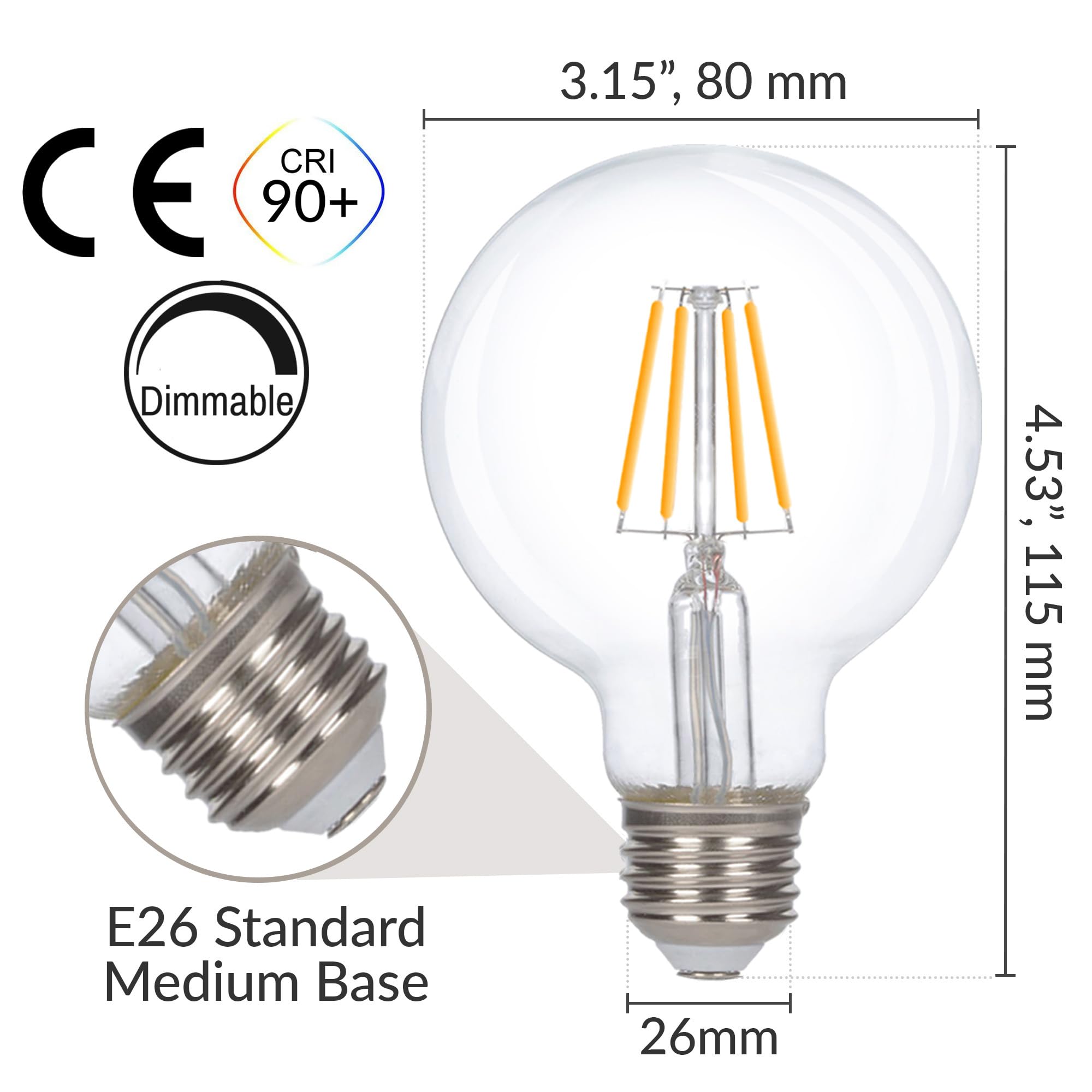 Simba Lighting LED Edison Vintage Vanity Globe Filament G25 (G80) 6W Dimmable 60W Equivalent (3 Pack) 120V Light Bulb for Bathroom Makeup Mirror, Medium E26 Base, CE, RoHS Compliant, Warm White 2700K