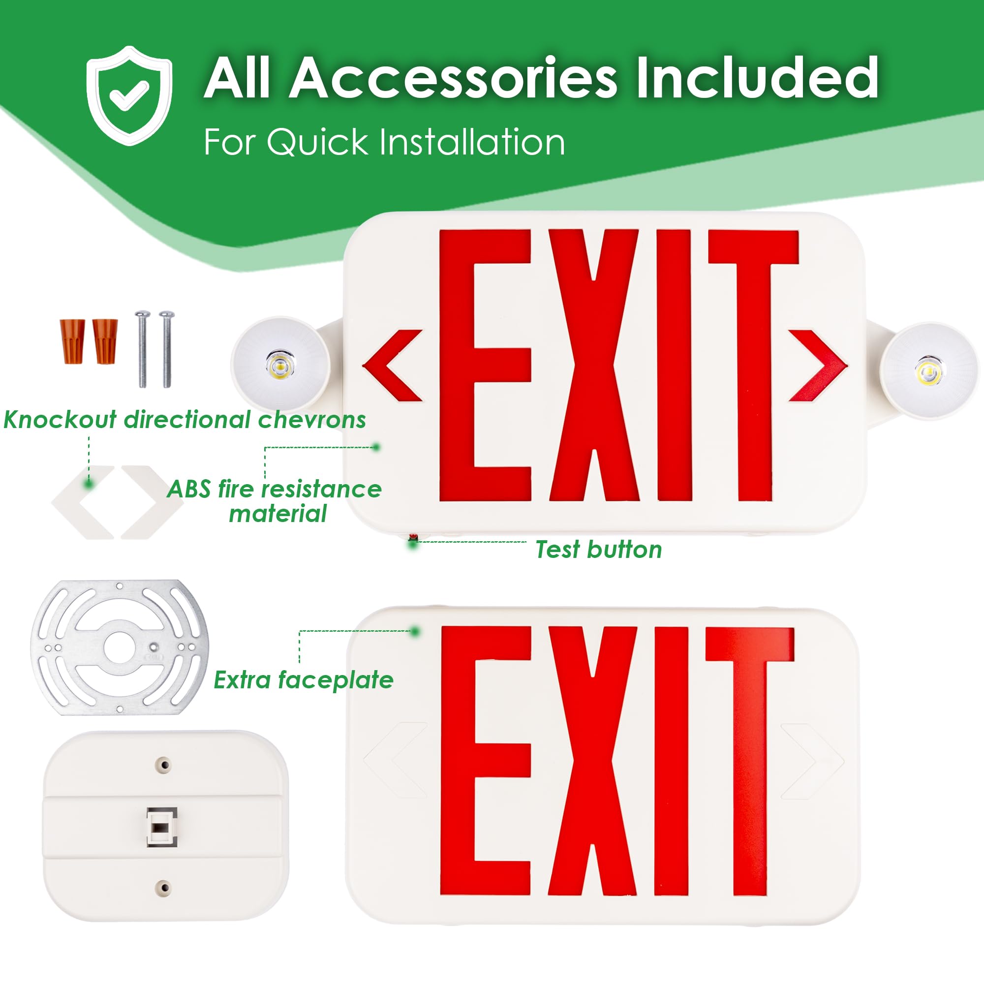 GRUENLICH LED Exit Sign Combo with Emergency Lights, Adjustable Heads and Double Sided, Battery Backup, UL 924 Qualified, AC 120-277V, Commercial Emergency Exit Light for Business- 1 Pack