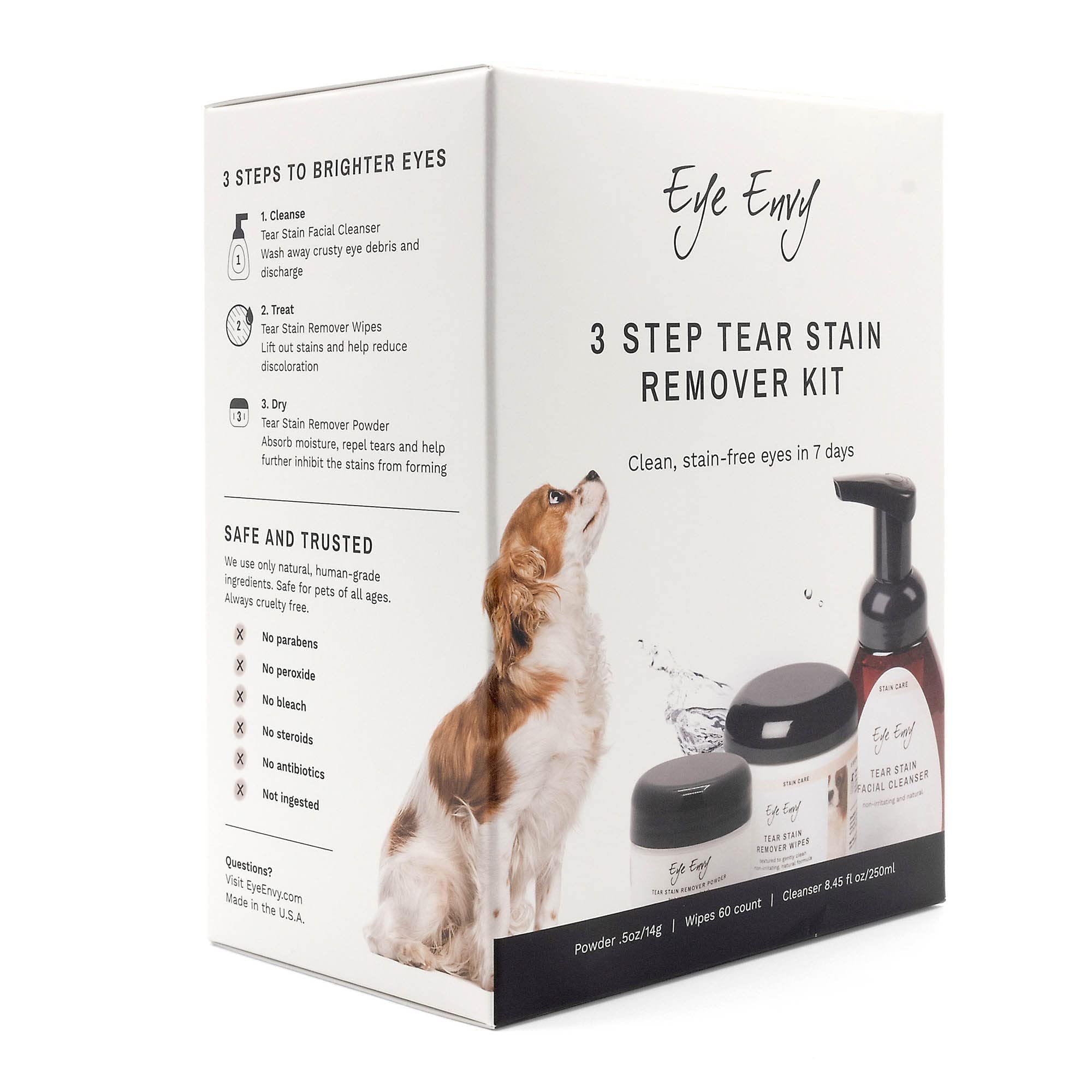 Eye Envy 3 Step Tear Stain Remover Kit for Dogs | Clean, Stain-Free Eyes in 7 Days | Contains: Cleanser 8.45 fl.oz, Wipes 60 Count and Powder 0.5oz | Non-irritating and Natural