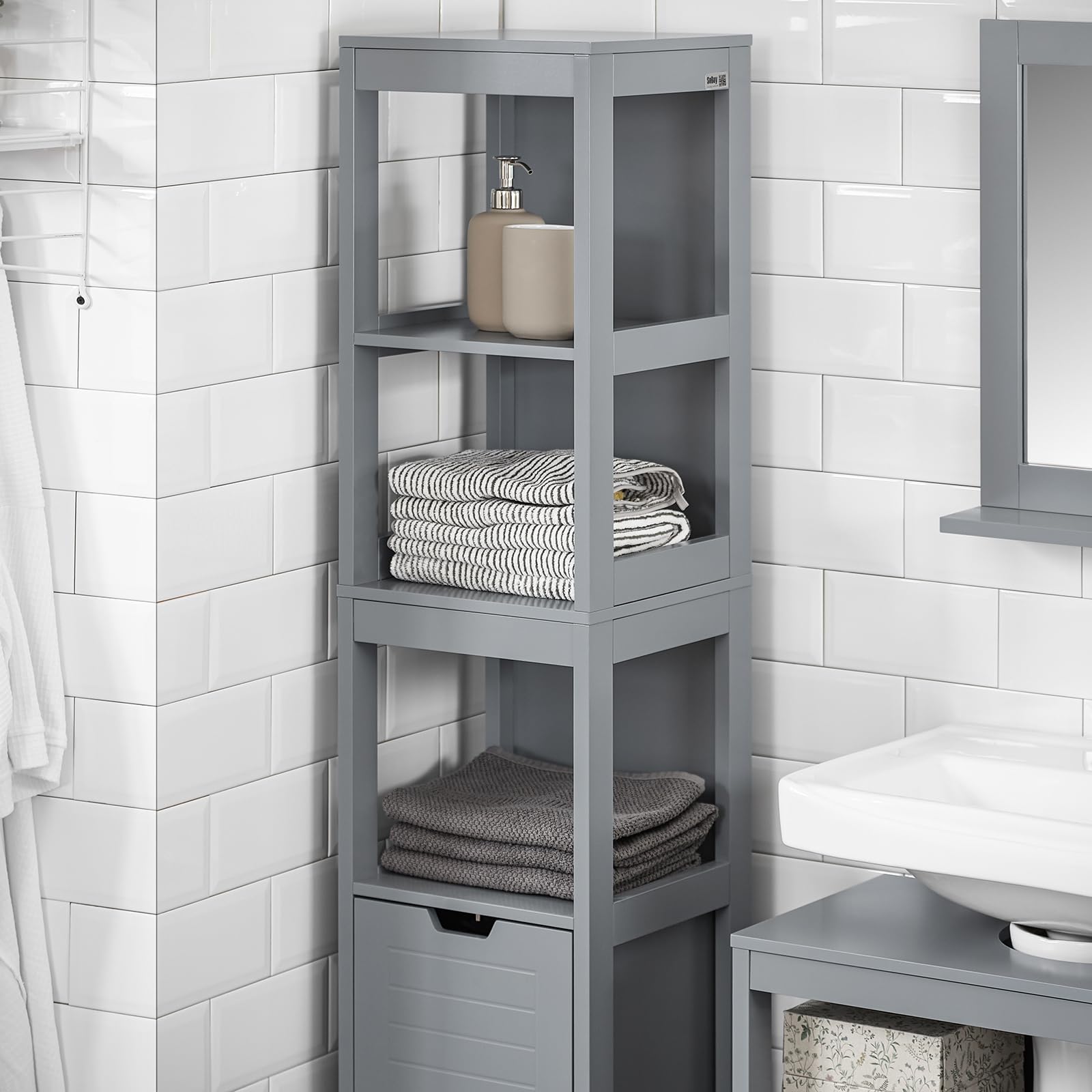 Haotian Floor Standing Tall Bathroom Storage Cabinet with Shelves and Door,Linen Tower Bath Cabinet, Cabinet with Shelf, Grey FRG126-SG