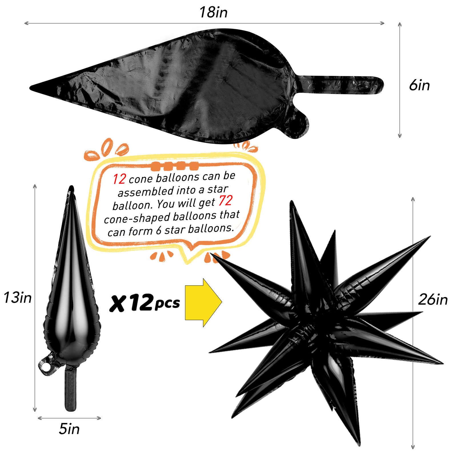 Black Star Balloons, 72 Pcs Big Black Starburst Foil Balloons, Spike Explosion Cone Mylar Balloons for Halloween Birthday Party Decorations Graduation