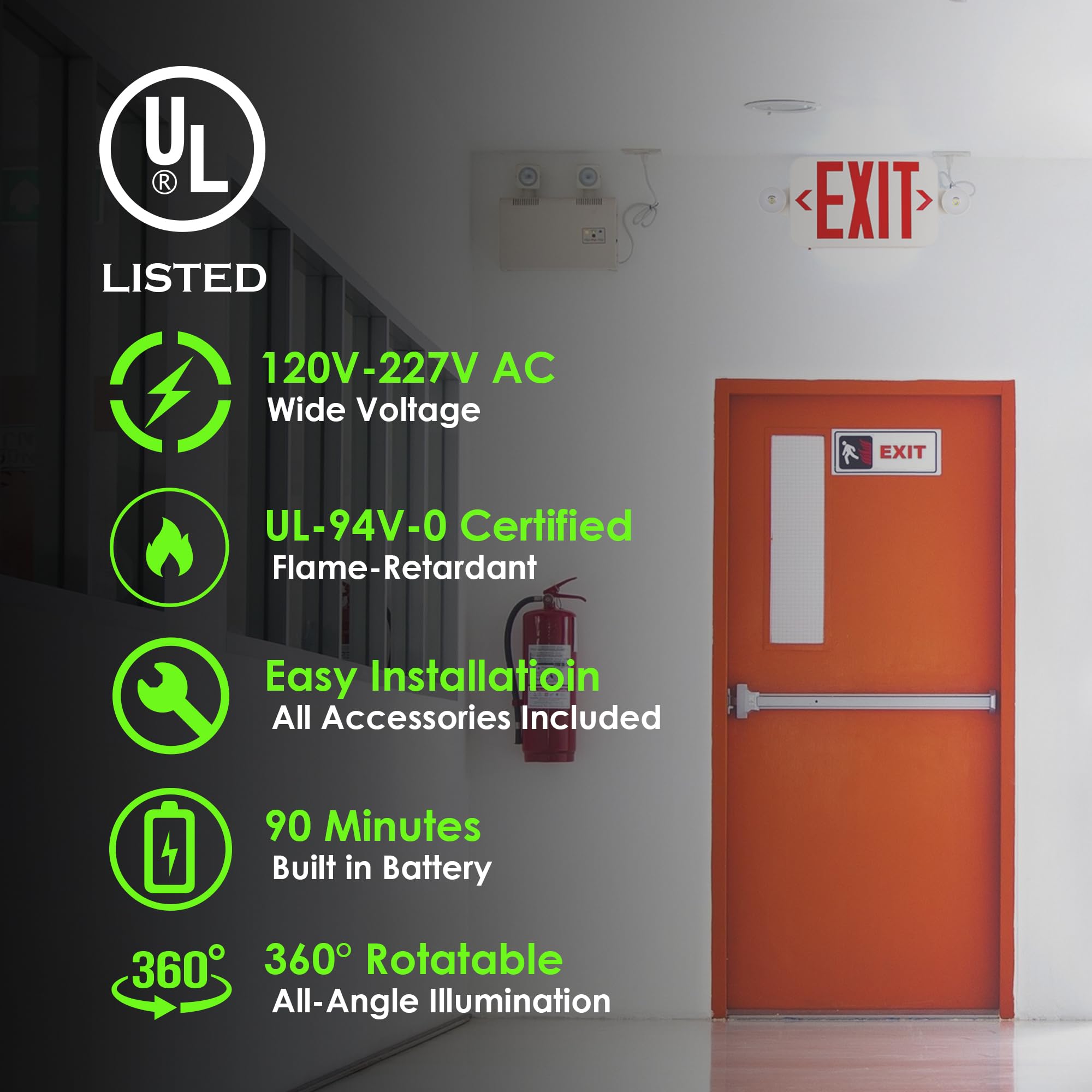 GRUENLICH LED Exit Sign Combo with Emergency Lights, Adjustable Heads and Double Sided, Battery Backup, UL 924 Qualified, AC 120-277V, Commercial Emergency Exit Light for Business- 1 Pack