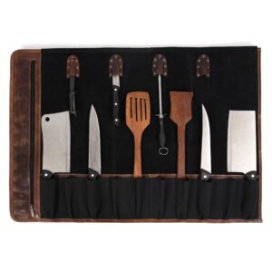 Leather Knife Roll Storage Bag, Elastic and Expandable 10 Pockets, Adjustable/Detachable Shoulder Strap, Travel-Friendly Chef Knife Case by Aaron Leather Goods