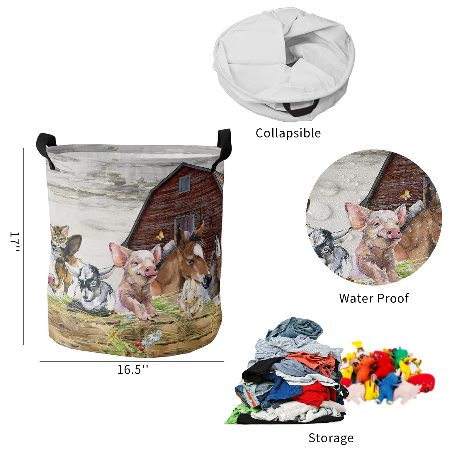 Laundry Basket Animal Pig Cow Farm Barn,Waterproof Collapsible Clothes Hamper Retro Fence Country Wheat Harvest,Large Storage Bag for Bedroom Bathroom