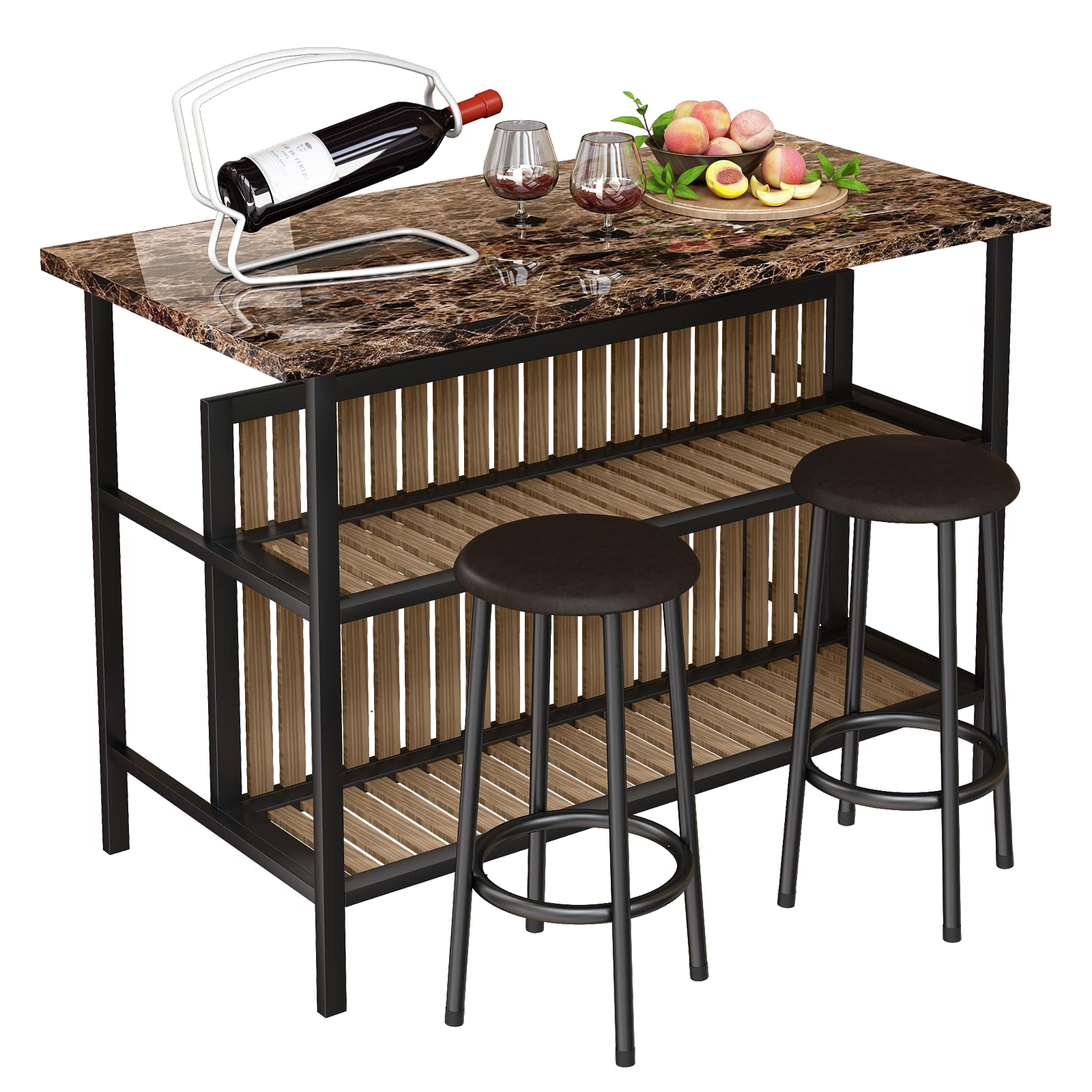 AWQM 3 Piece Bar Table Set with Storage, Kitchen Island with Seating Wooden Counter Height Table and Chairs Set, Brown