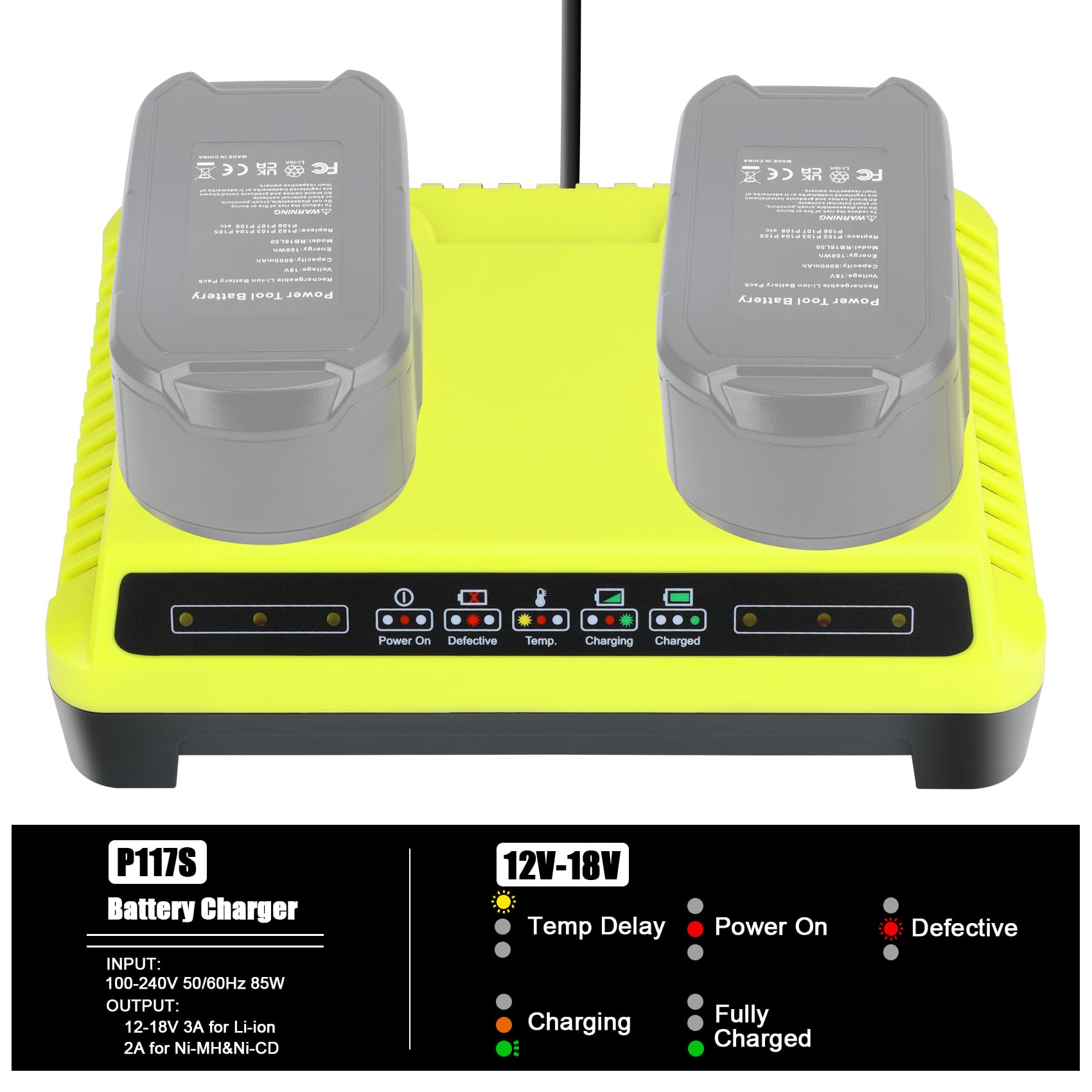 P117 Dual Slot 18V Battery Charger for Ryobi 18V Battery, Charger Replace for Ryobi Battery Charger P118, Compatible for Ryobi ONE+ Lithium NiCd NiMh Batteries