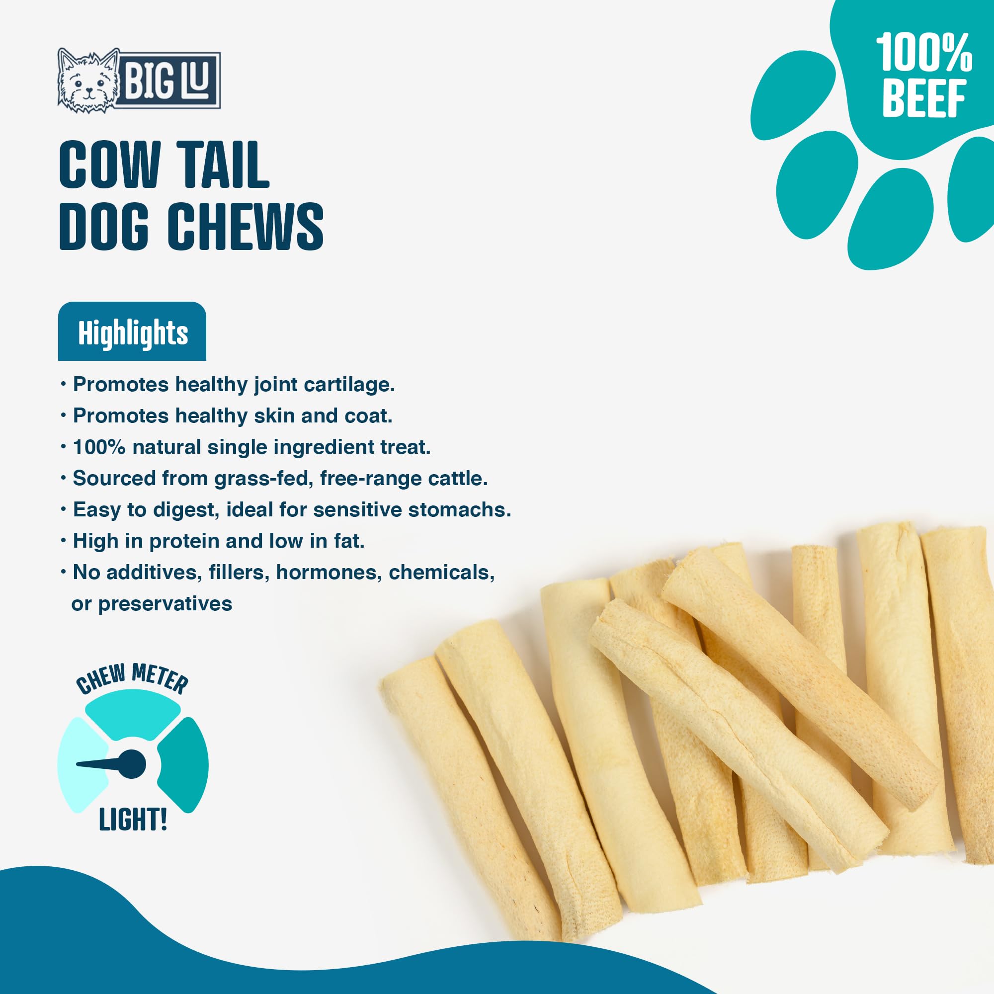 Big Lu - Cow Tail Dog Chews, All-Natural Grass-Fed Beef, Single Ingredient Treats, Rawhide-Free, 4-Inch Sticks (12 Sticks)