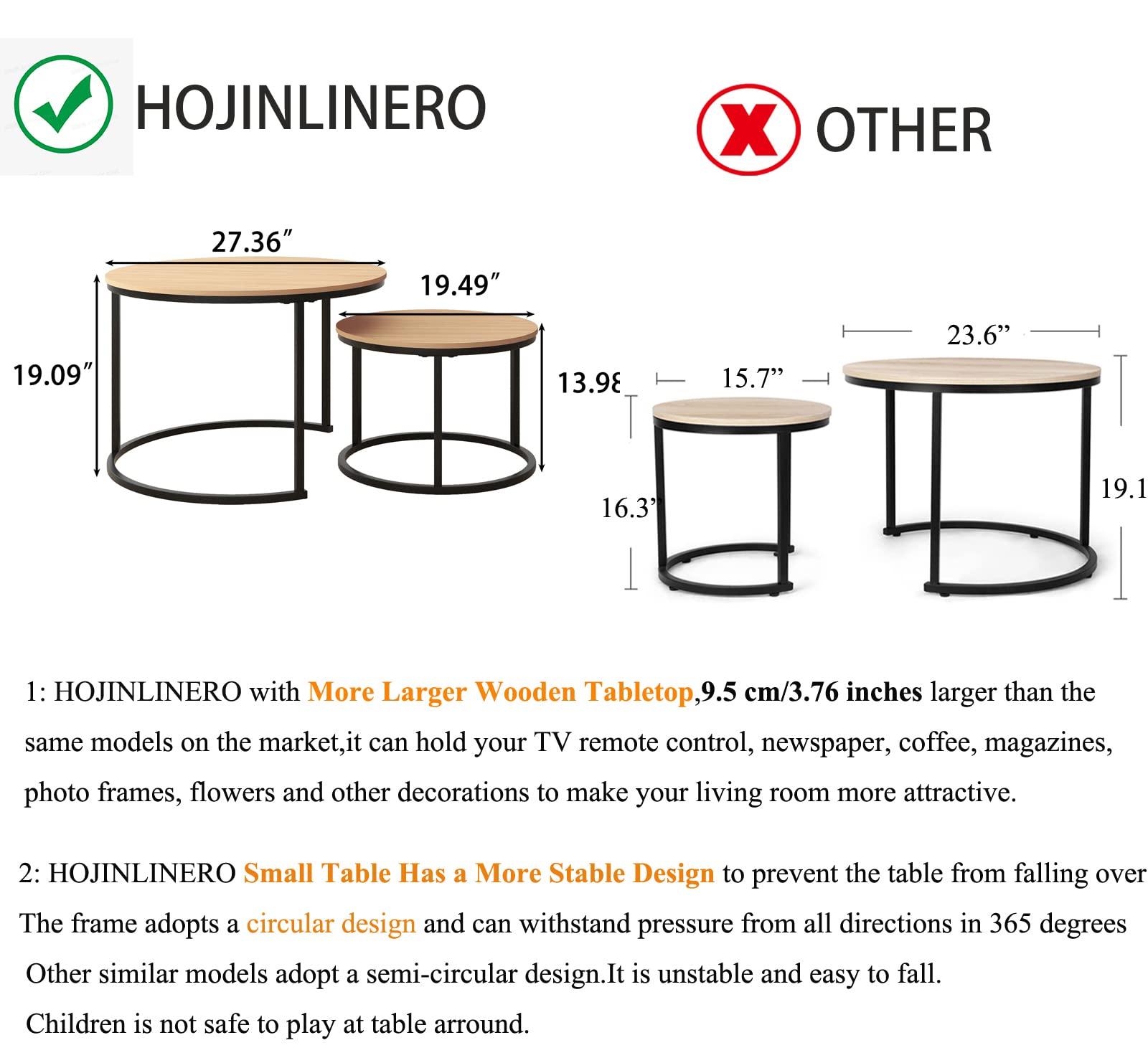 HOJINLINERO Industrial Round Coffee Table Set of 2 End Table for Living Room,Stacking Side Tables, Sturdy and Easy Assembly,Wood Look Accent Furniture with Metal Frame,White+Teak OAKDK