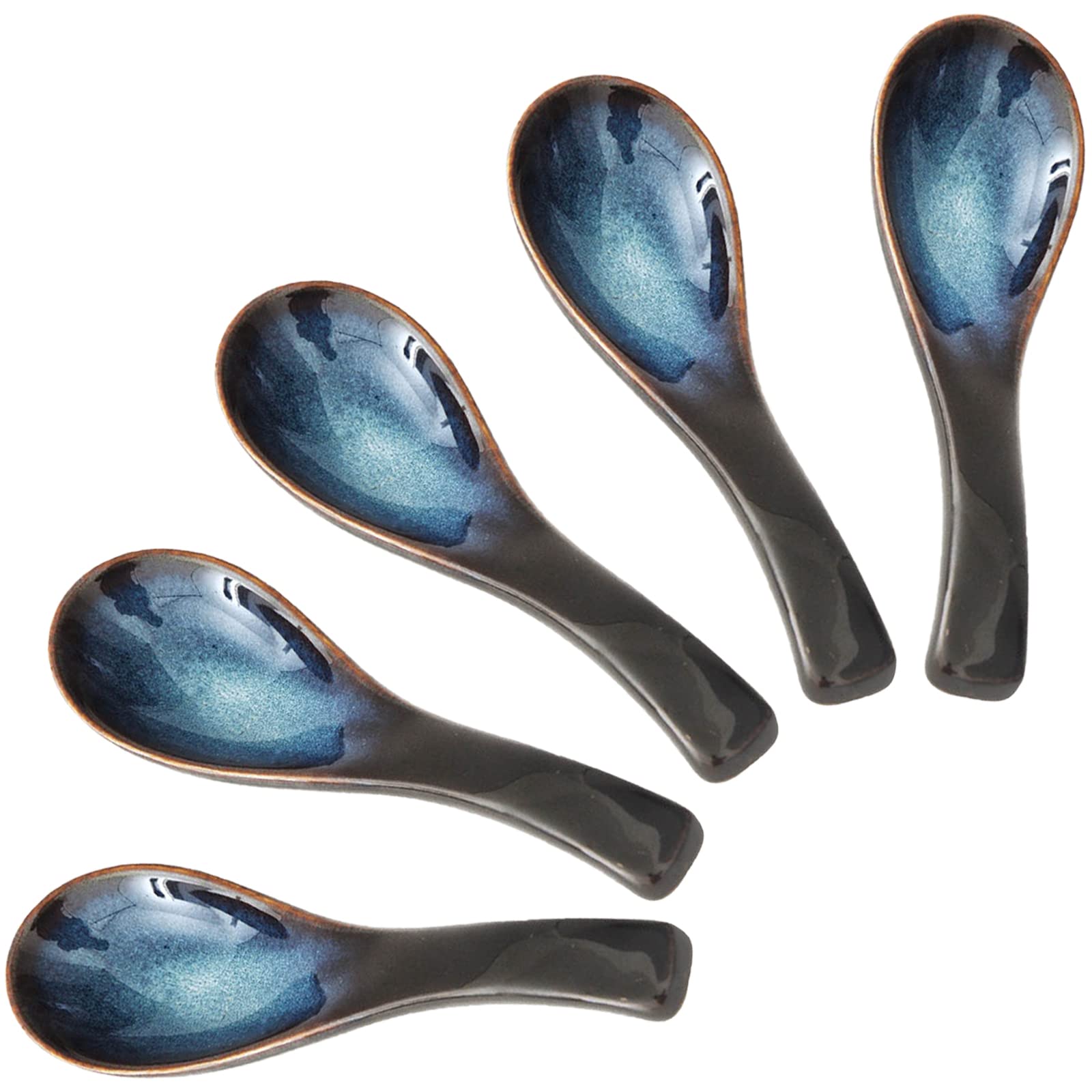 HUTNUOY Japanese Ramen Soup Spoons Asian Blue Ceramic Soup Spoon for Pho Dessert Noodle 5 Pcs