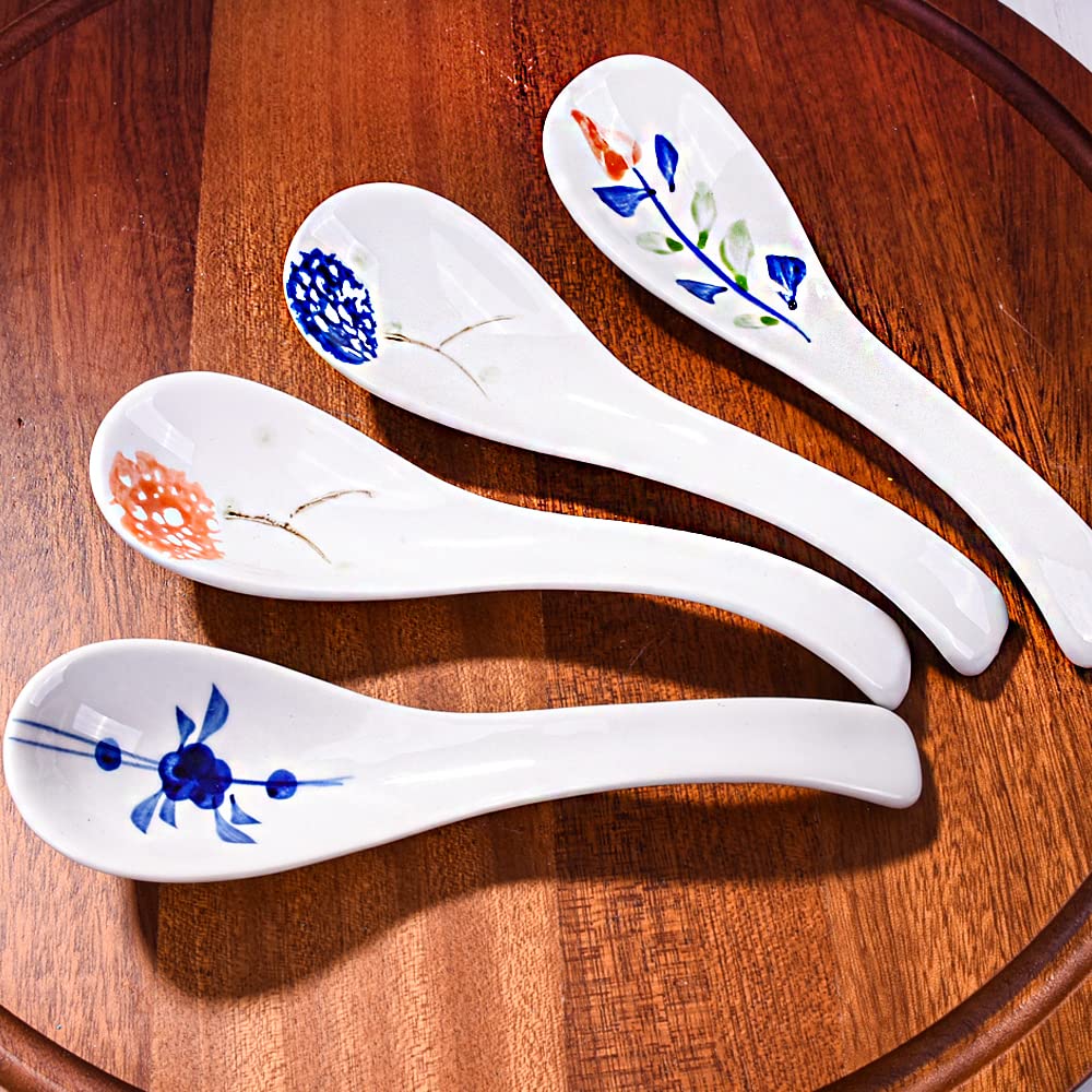 Japanese Ceramic Soup Spoons, 4 Pieces Porcelain Spoon for Noodle Ramen Oat