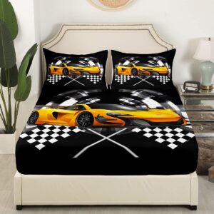 Manfei Yellow Race Car Fitted Sheet Twin Size, Black and White Grid Bed Cover, Extreme Sport Games Bedding Set 2pcs for Kids Teens Boys Man Room Decor,Soft Fashion Bed Sheets with 1 Pillowcase