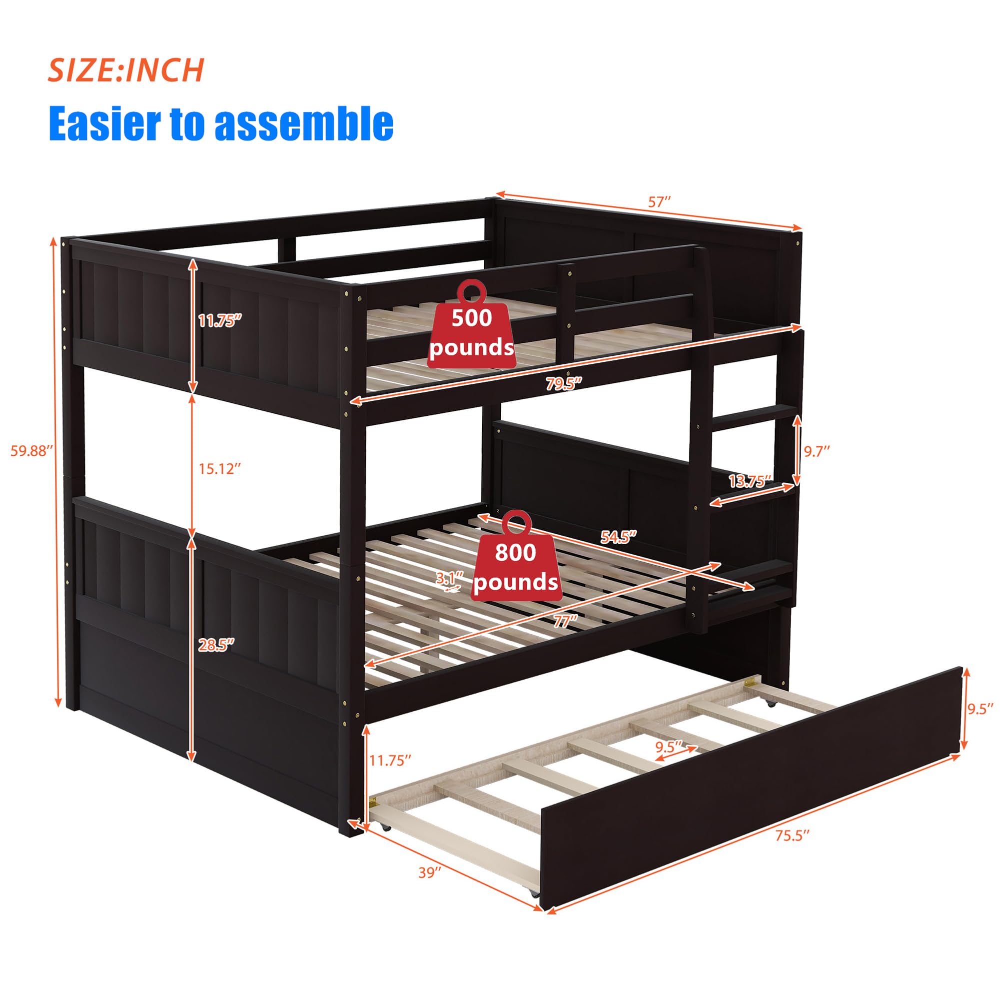 AOOMEEC Higher Quality and Stronger Solid Wood Bunk Bed Full Over Full with Trundle for Kids Teens Boys Girls Adults, Thicken More Stable Full Over Full Bunk Bed Frame, Easier to Assemble (Espresso)