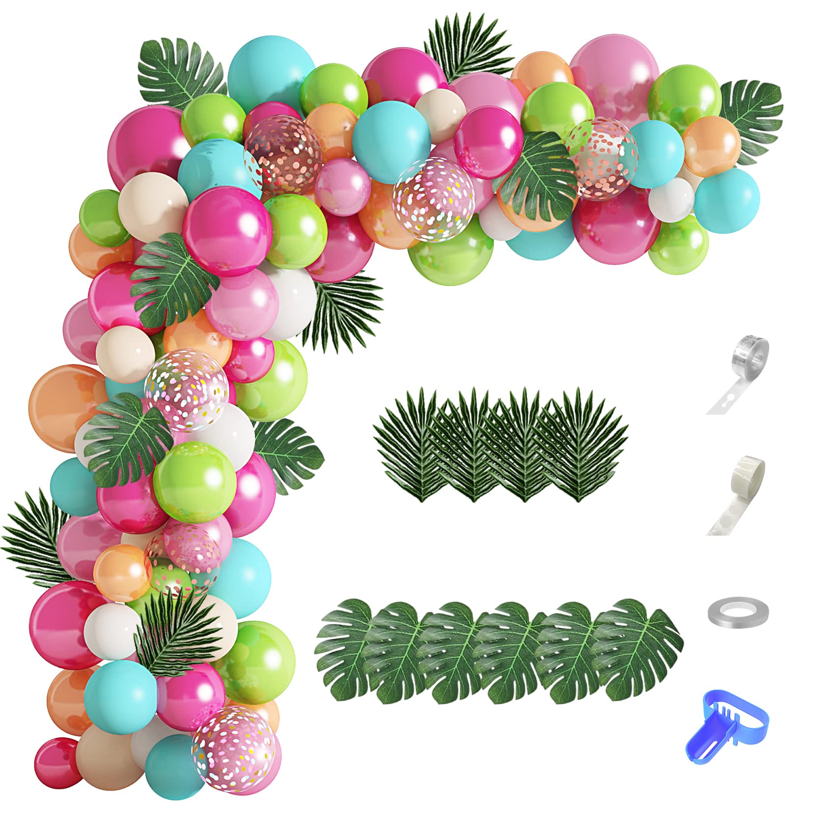 124Pcs Tropical Balloons Arch Garland Kit, Green Hot Pink Rose Gold Confetti Balloons Palm Leaves for Tropical Hawaiian Aloha Luau Flamingo Birthday Party Baby Shower Wedding Decorations