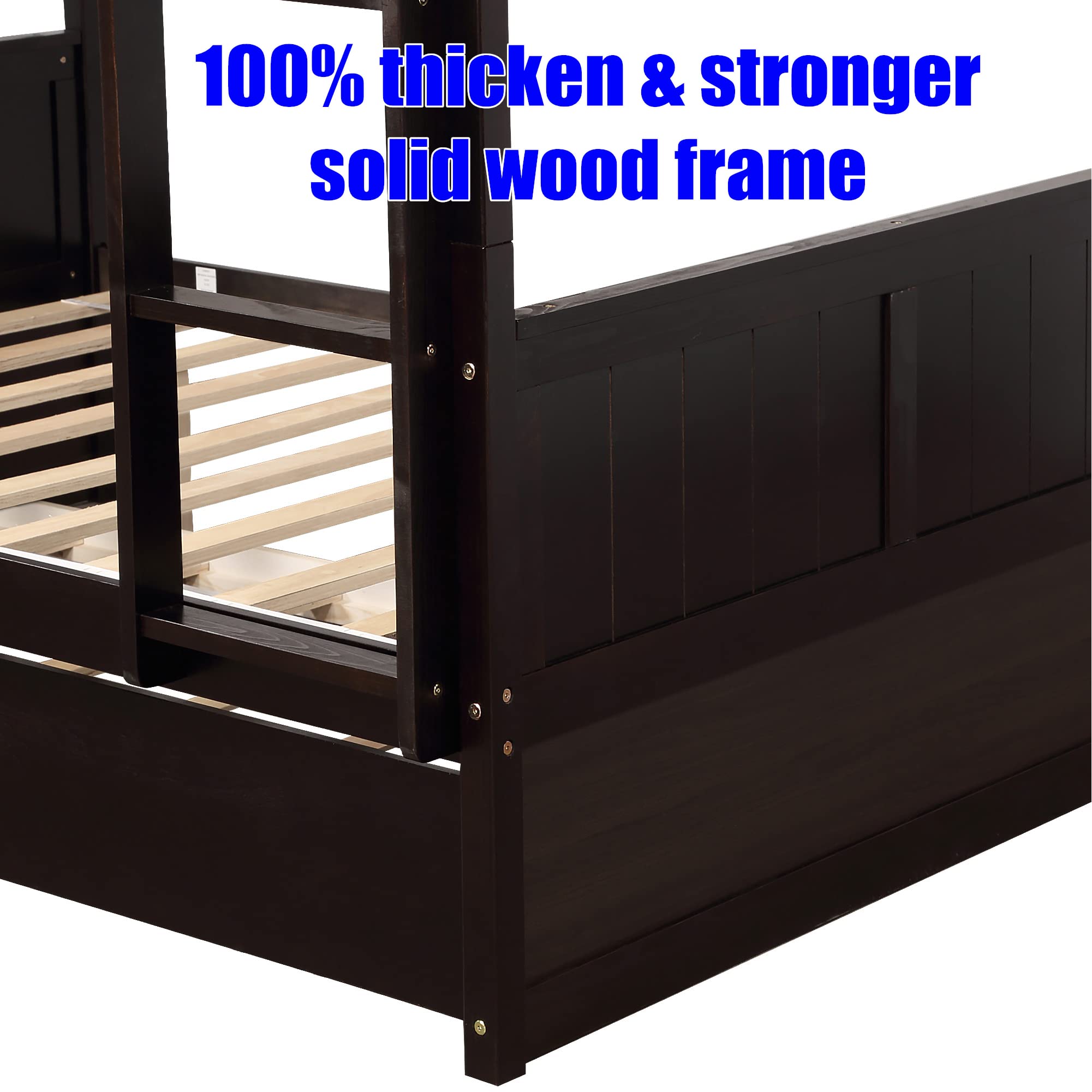 AOOMEEC Higher Quality and Stronger Solid Wood Bunk Bed Full Over Full with Trundle for Kids Teens Boys Girls Adults, Thicken More Stable Full Over Full Bunk Bed Frame, Easier to Assemble (Espresso)