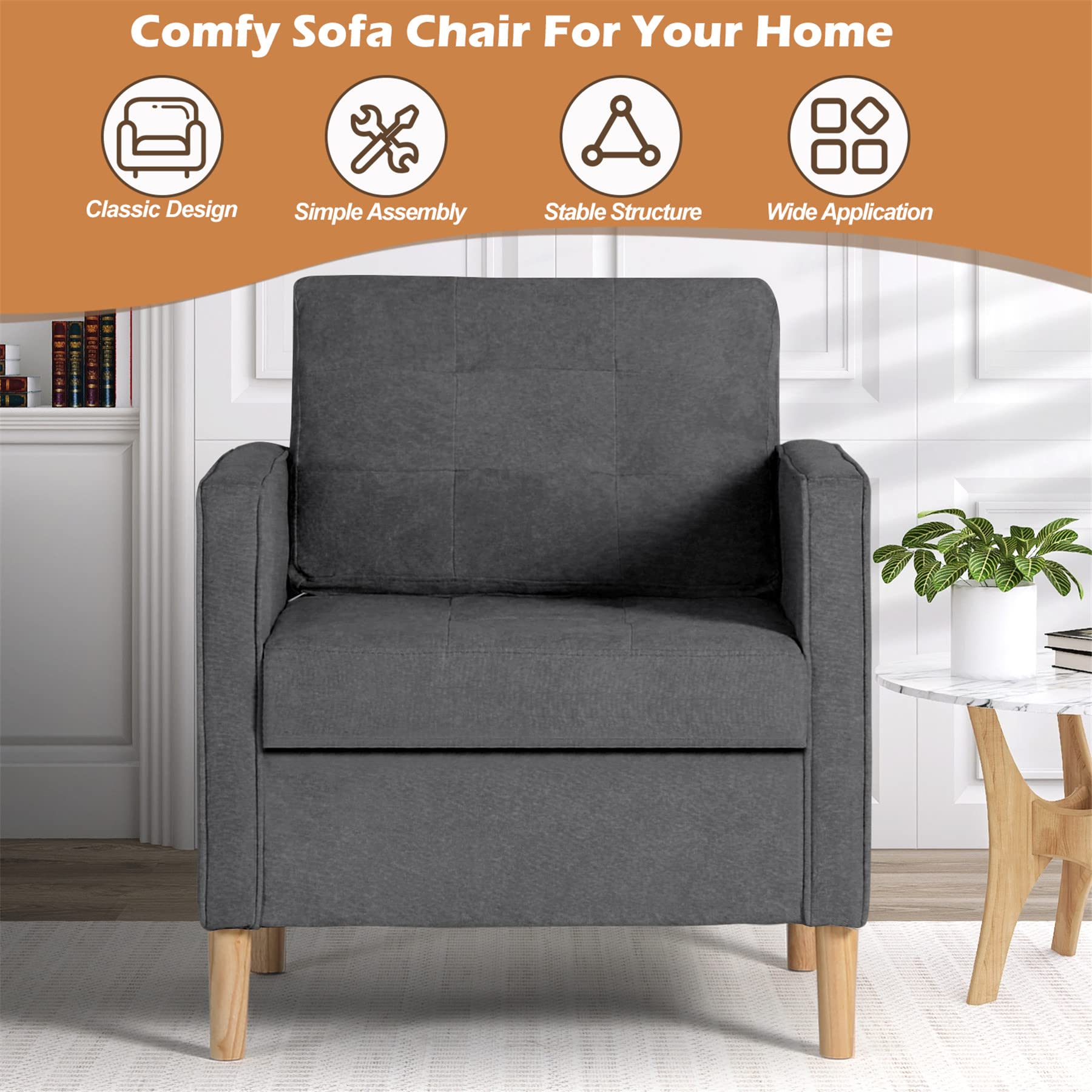 STHOUYN Mid Century Modern Comfy Accent Arm Chair Set of 2, Bedroom Chair for Adults, Living Room Office Reading Chairs, Suitable for Small Spaces (2, Grey)