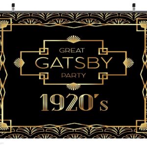 CORFOTO Fabric 9x6ft Gatsby Backdrop Photography Background for Birthday Party Decoration Black Gold Pattern Retro 1920s Roaring Holiday Celebration Prom Banner Dining Room Wall Hanging Props