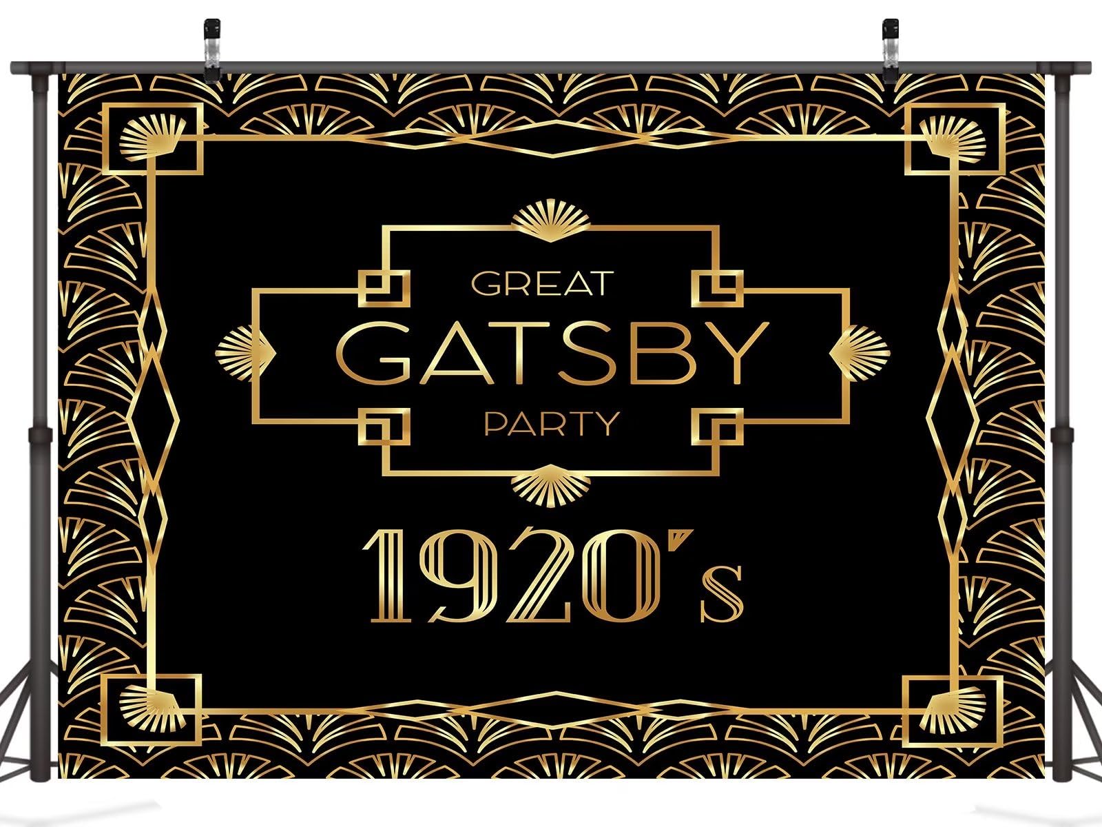 CORFOTO Fabric 9x6ft Gatsby Backdrop Photography Background for Birthday Party Decoration Black Gold Pattern Retro 1920s Roaring Holiday Celebration Prom Banner Dining Room Wall Hanging Props