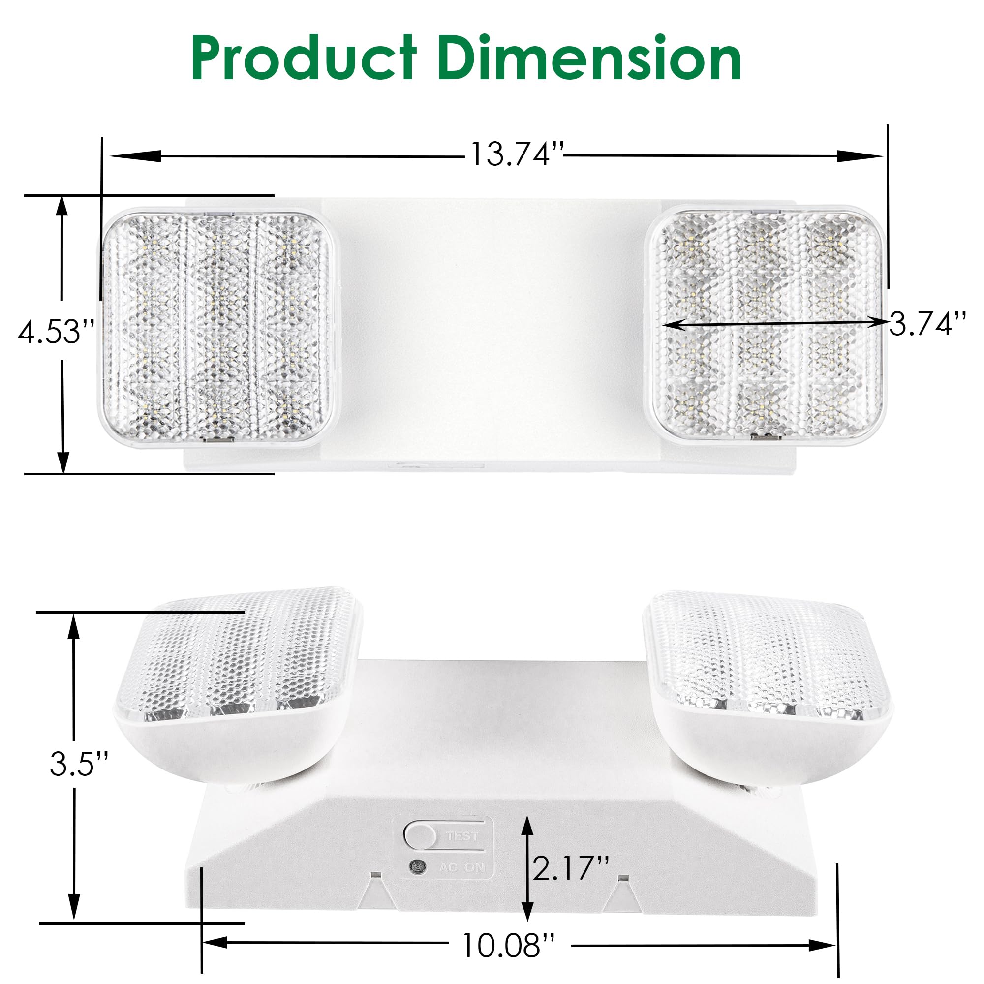 GRUENLICH LED Emergency Light, Exit Lighting Fixtures with Two LED Heads and Back-Up Batteries, UL 924 Qualified, 120-277 Voltage, 4-Pack