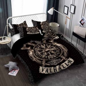 YCYR 3D Print Thor's Hammer Bedding Set, Norse Viking Mjolnir Shield Axes and Valhalla Rune Quilt Covers & Pillowcase Queen Comforter,Black,228 X 228 cm