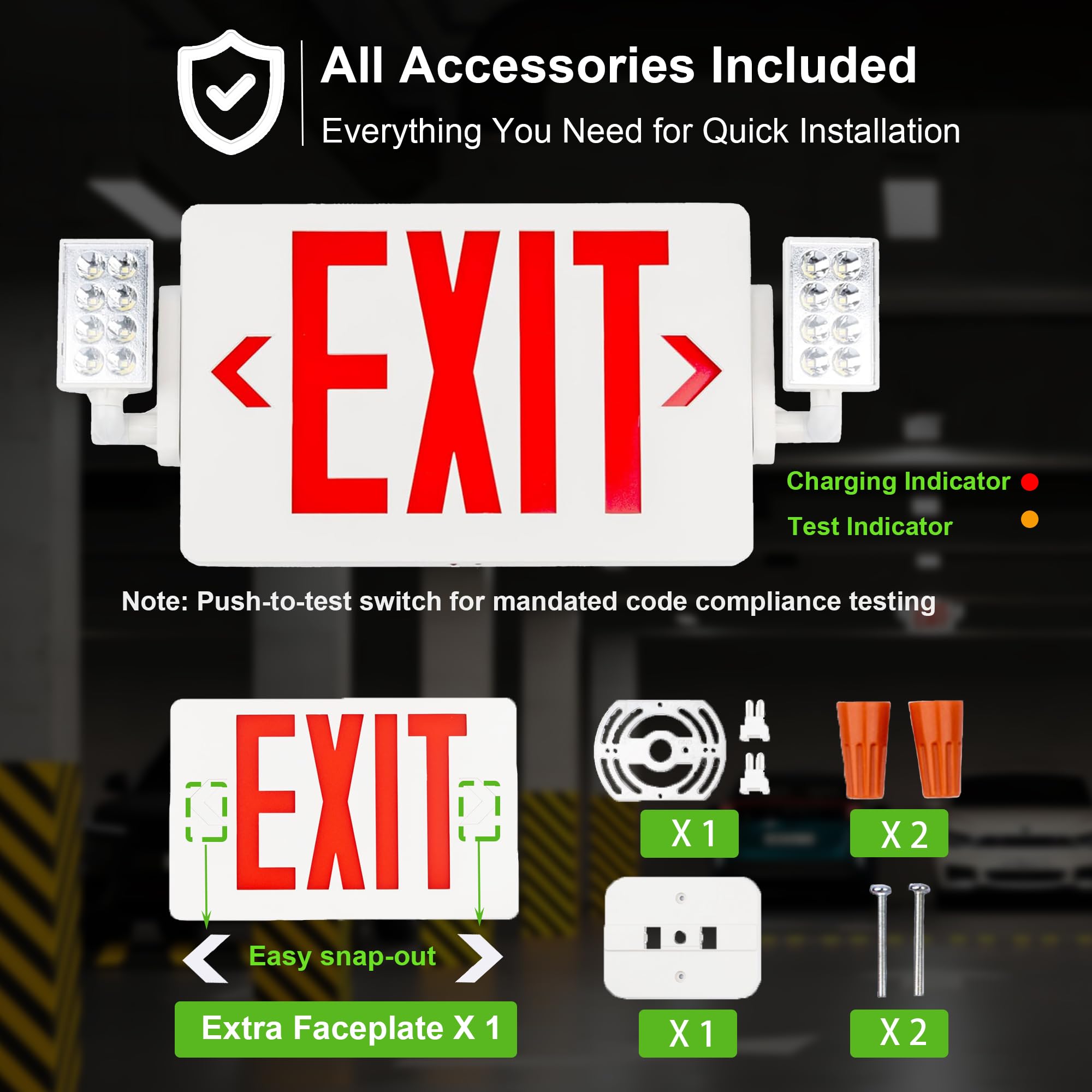 Gruenlich LED Combo Exit Sign, Emergency Light with 2 Adjustable Heads and Double Face, Back Up Batteries- US Standard Red Letter EXIT, UL 924 Qualified, 120-277 Voltage, 1-Pack