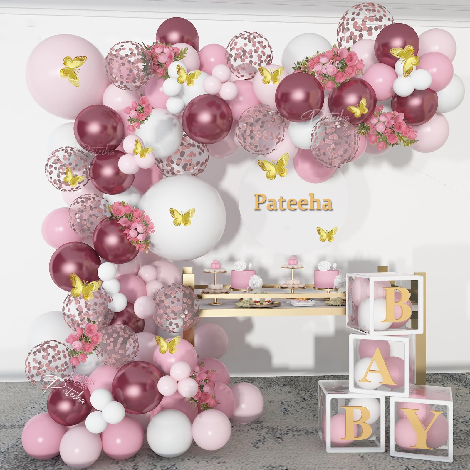 Pateeha Baby Shower Decorations for Girl 140 Pcs Pink Balloon Garland Pink White Balloon Arch Kit Butterfly Stickers Rose Gold Confetti Balloons for Bridal Shower Coquette Birthday Decorations